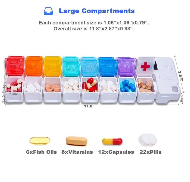 TBSoon 7 Day Medicine Pill Organizer, 4 Reminder Alarms, Loud Sound, 14 Large Compartments, Large Screen, Moisture-Proof, Travel Weekly/Daily Pill Box/Organizer/Case/Container/Dispenser, AM/PM 2 Times a Day - Image 4